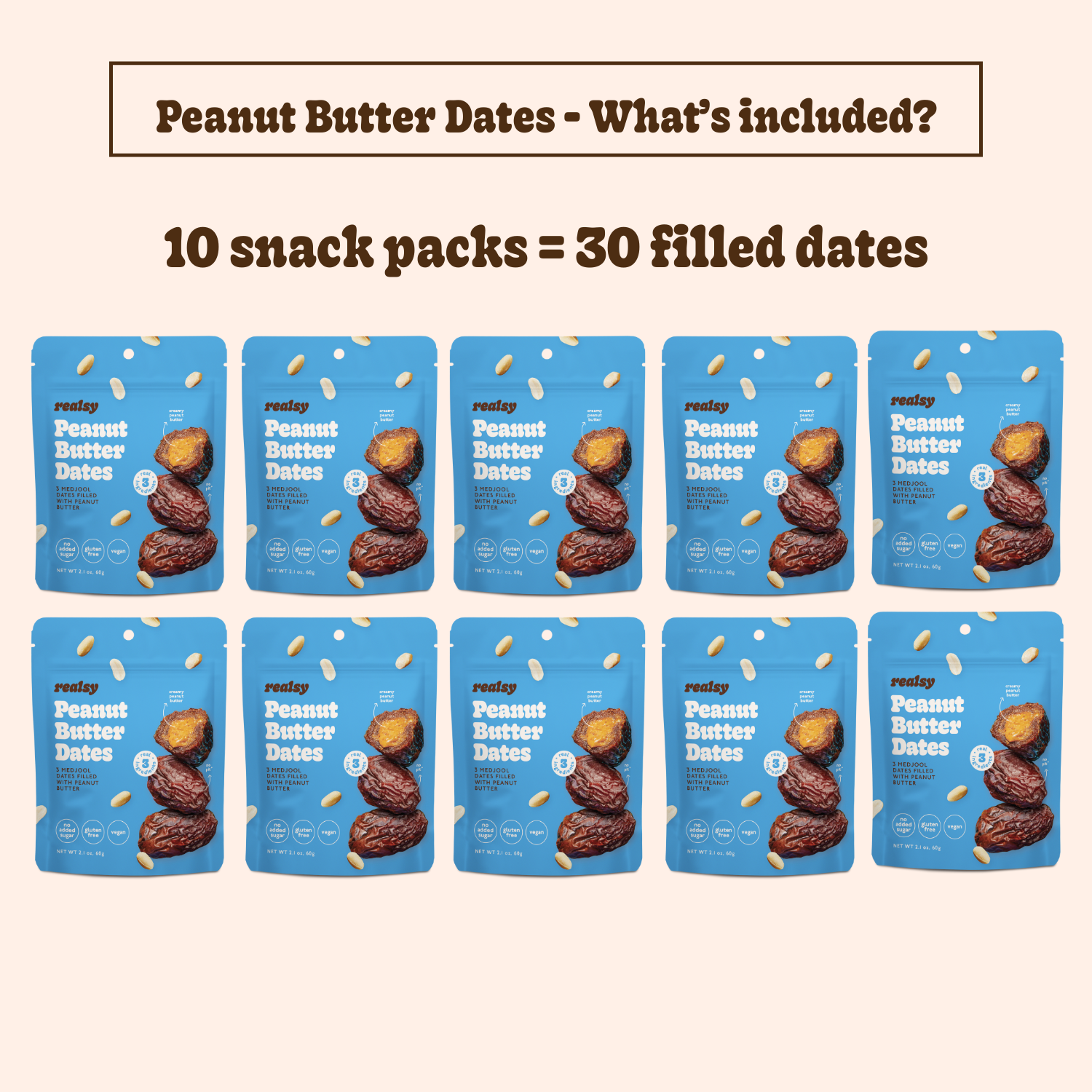 Peanut Butter Filled Medjool Date Snack Packs - 10 unit/case