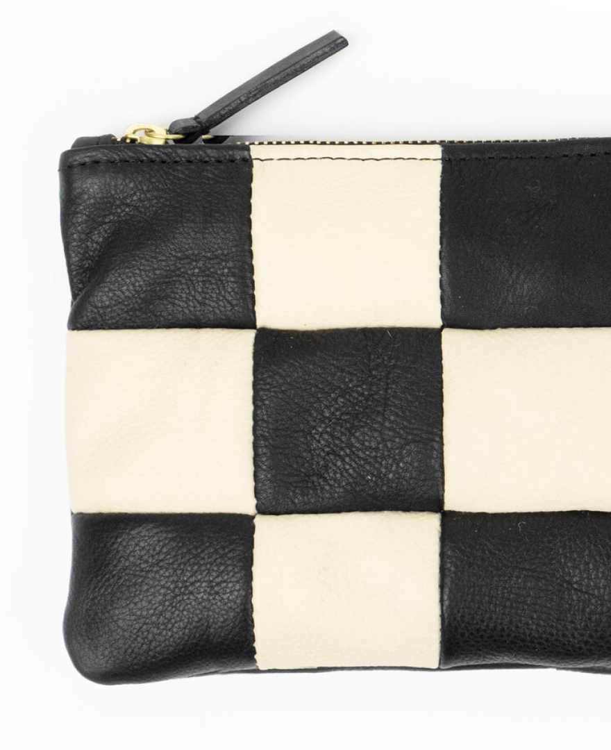 Checkered Leather Zipper Pouch