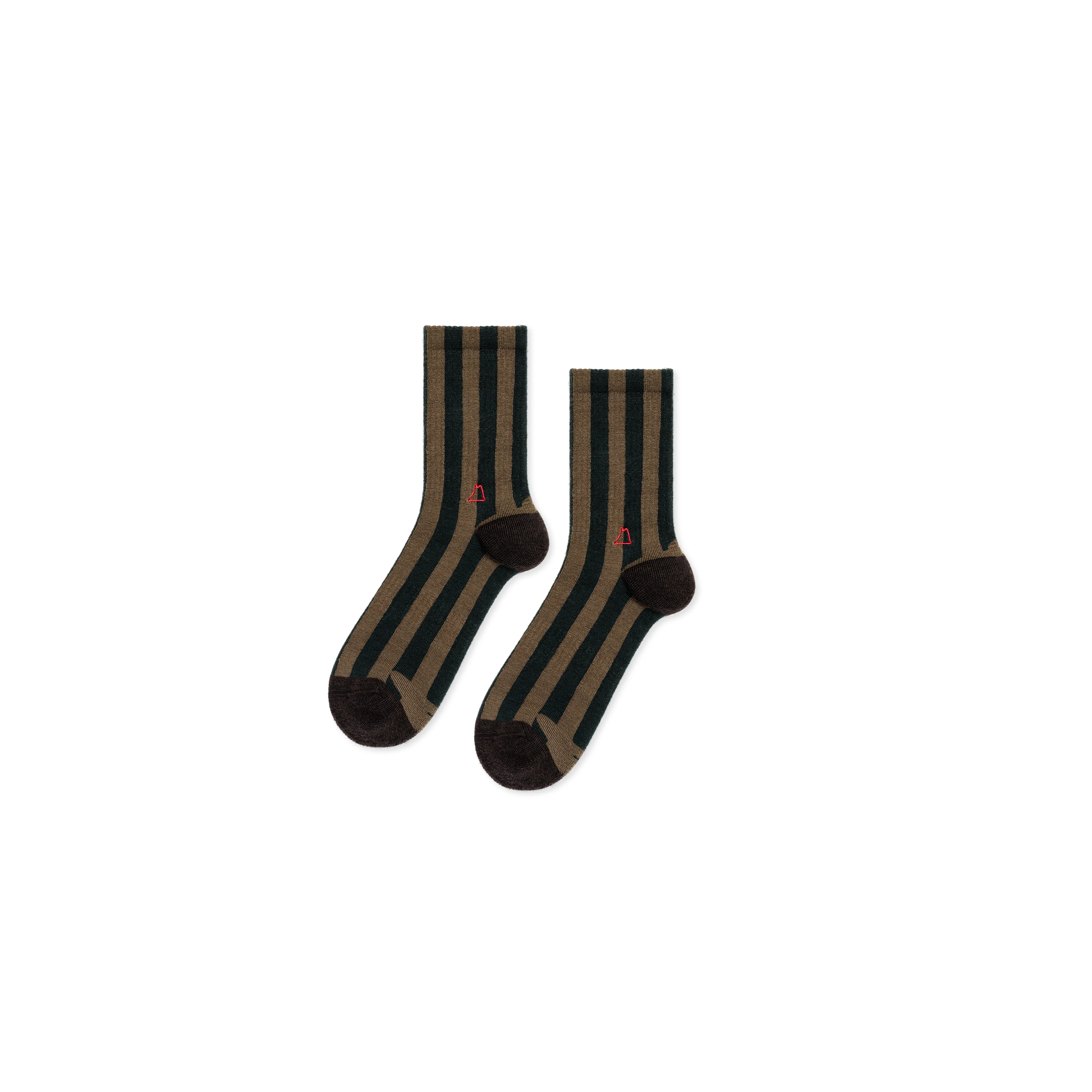 Pair of striped socks with a logo on a white background