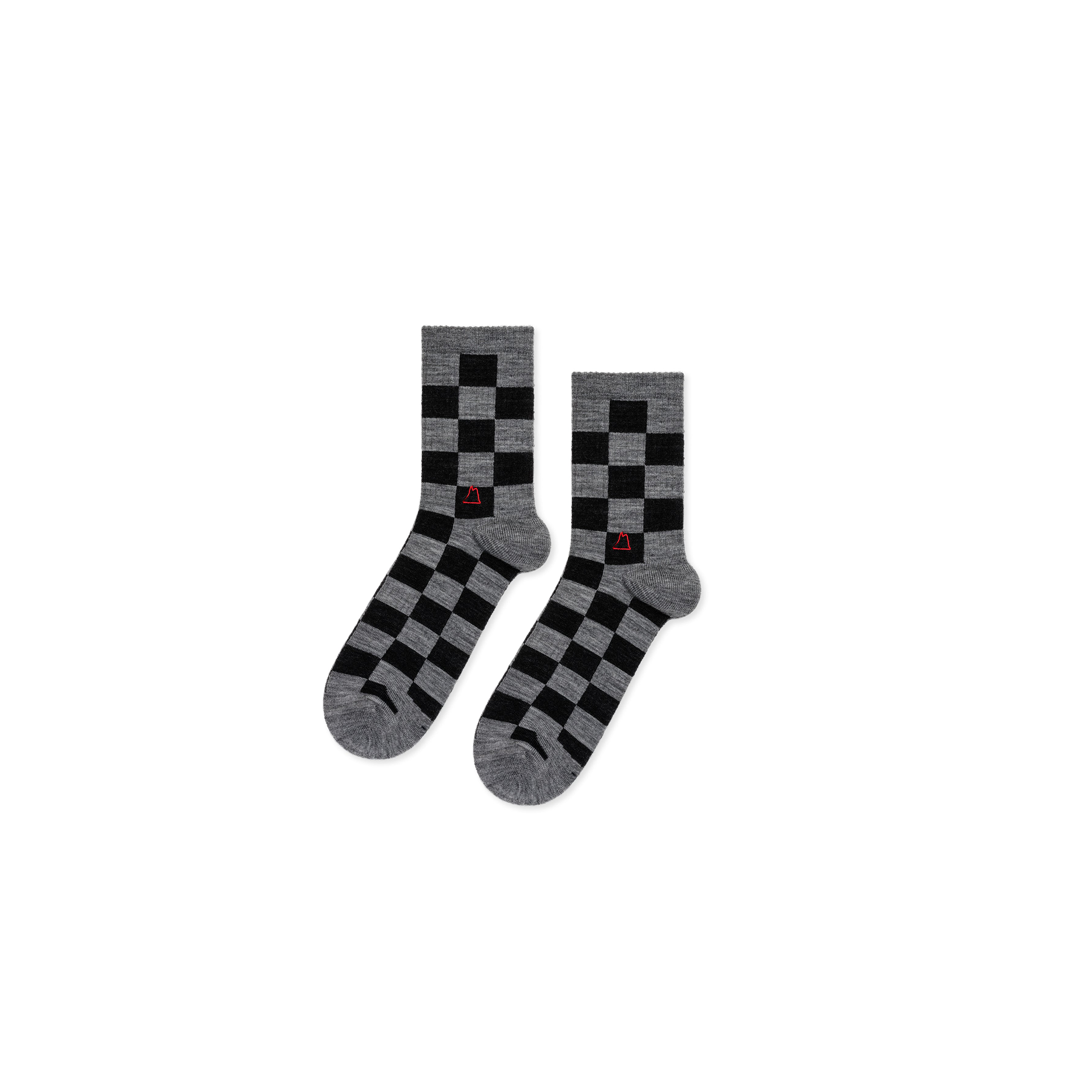 Pair of gray and black checkered socks on a white background