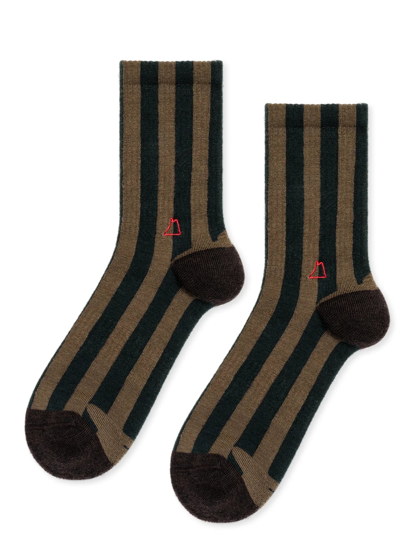 Pair of striped socks with brown and black stripes on a white background