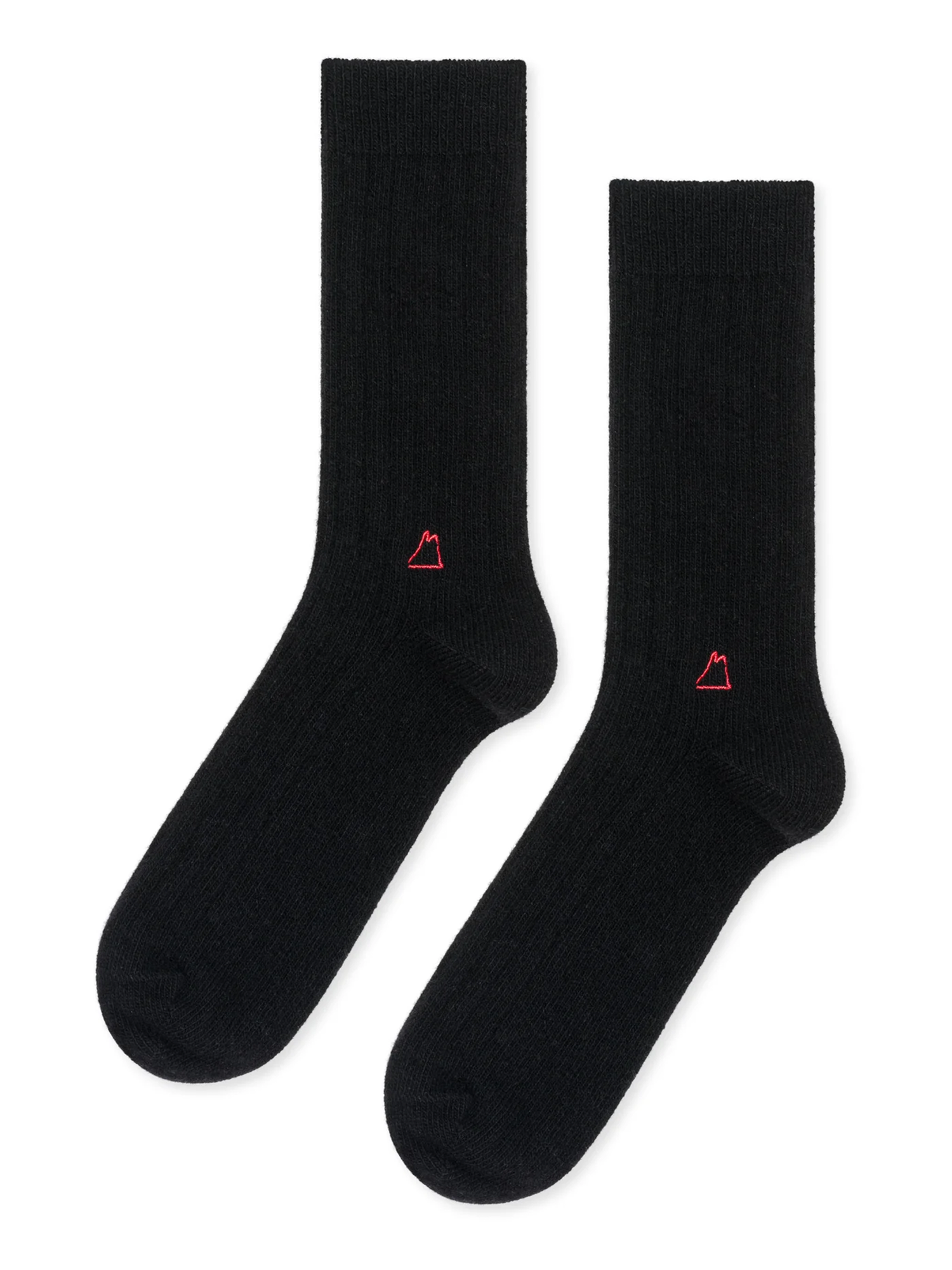 Black socks with red triangle logo on a white background