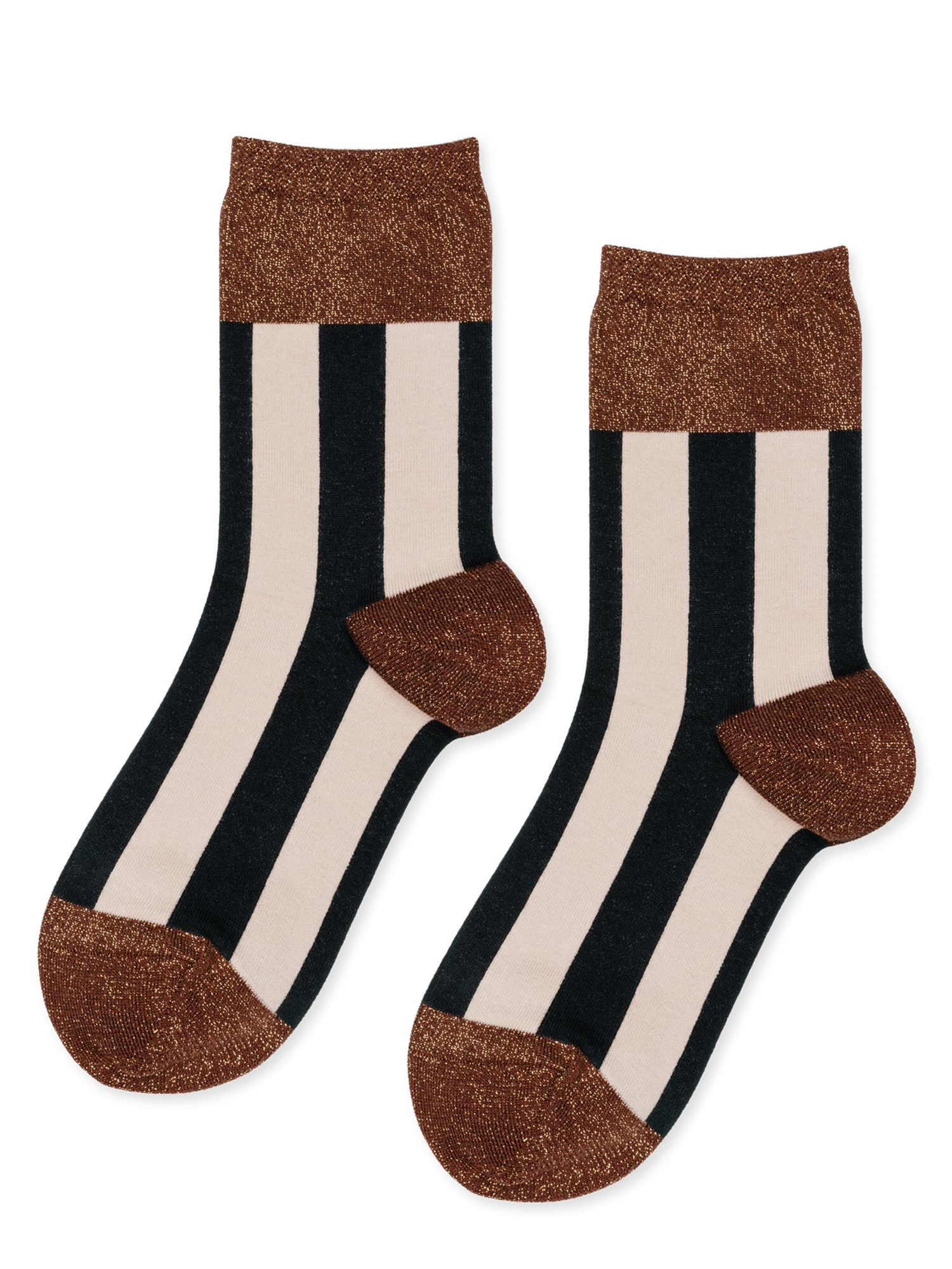 Pair of socks with black, white, and brown stripes on a white background