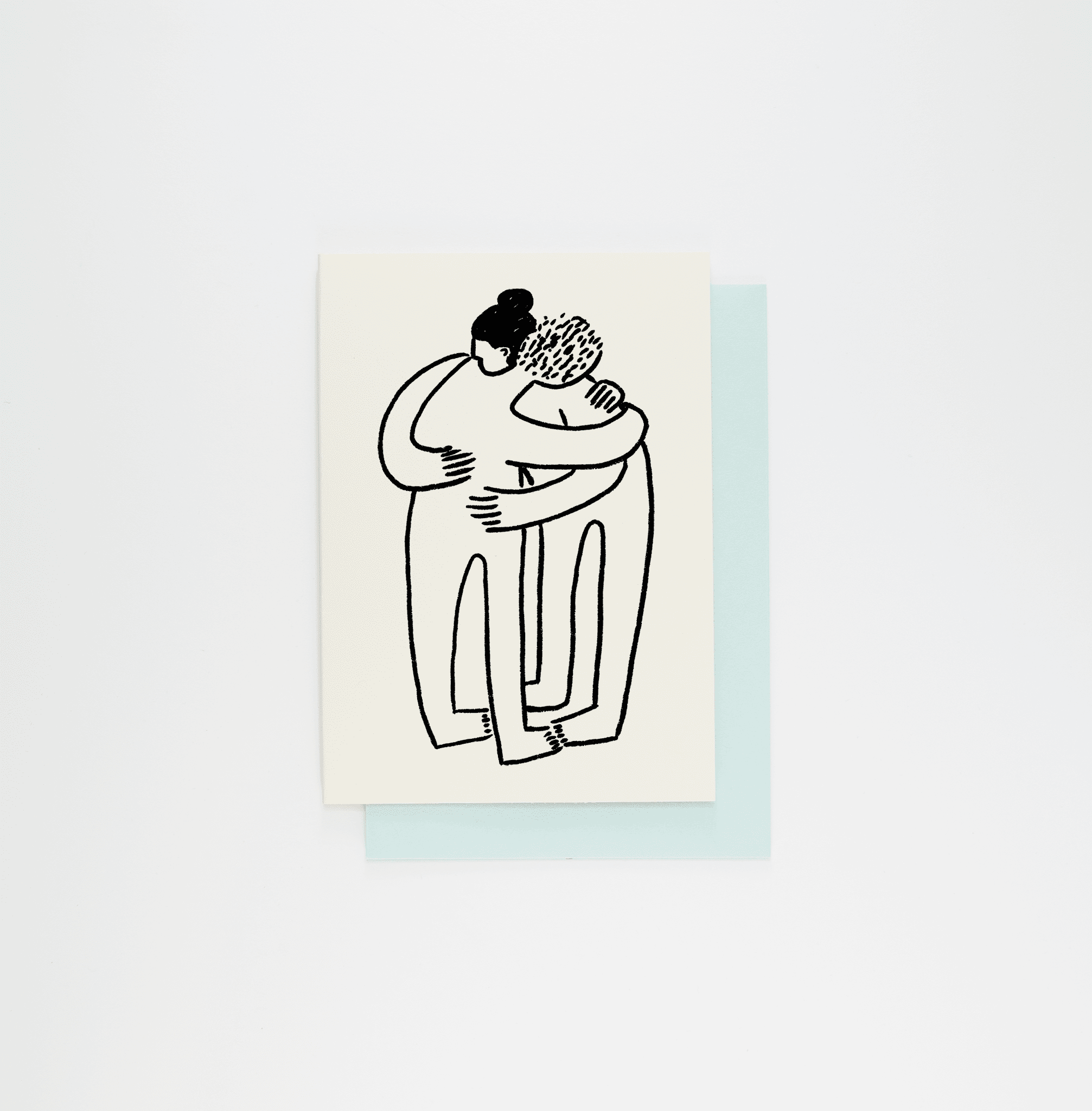 Illustration of two people hugging on a light blue and beige background