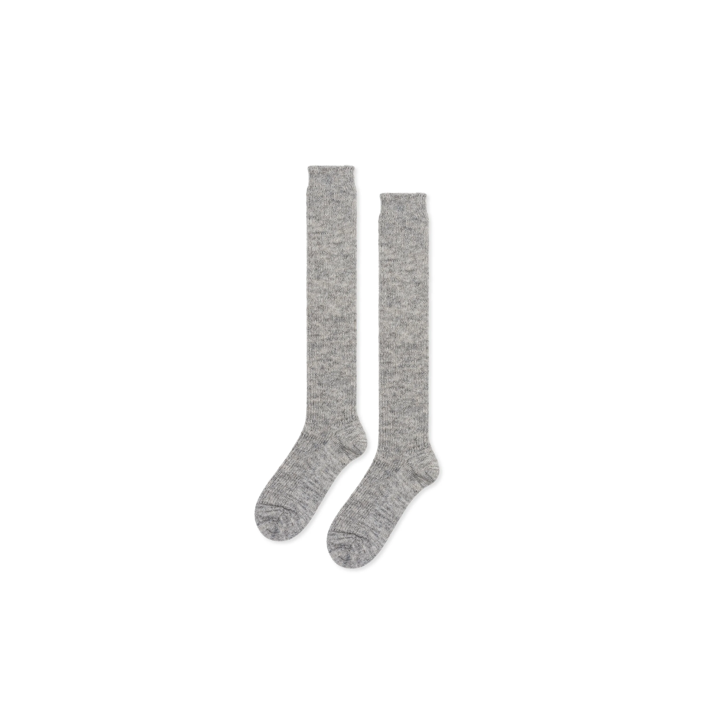 Pair of gray knee-high socks on a white background