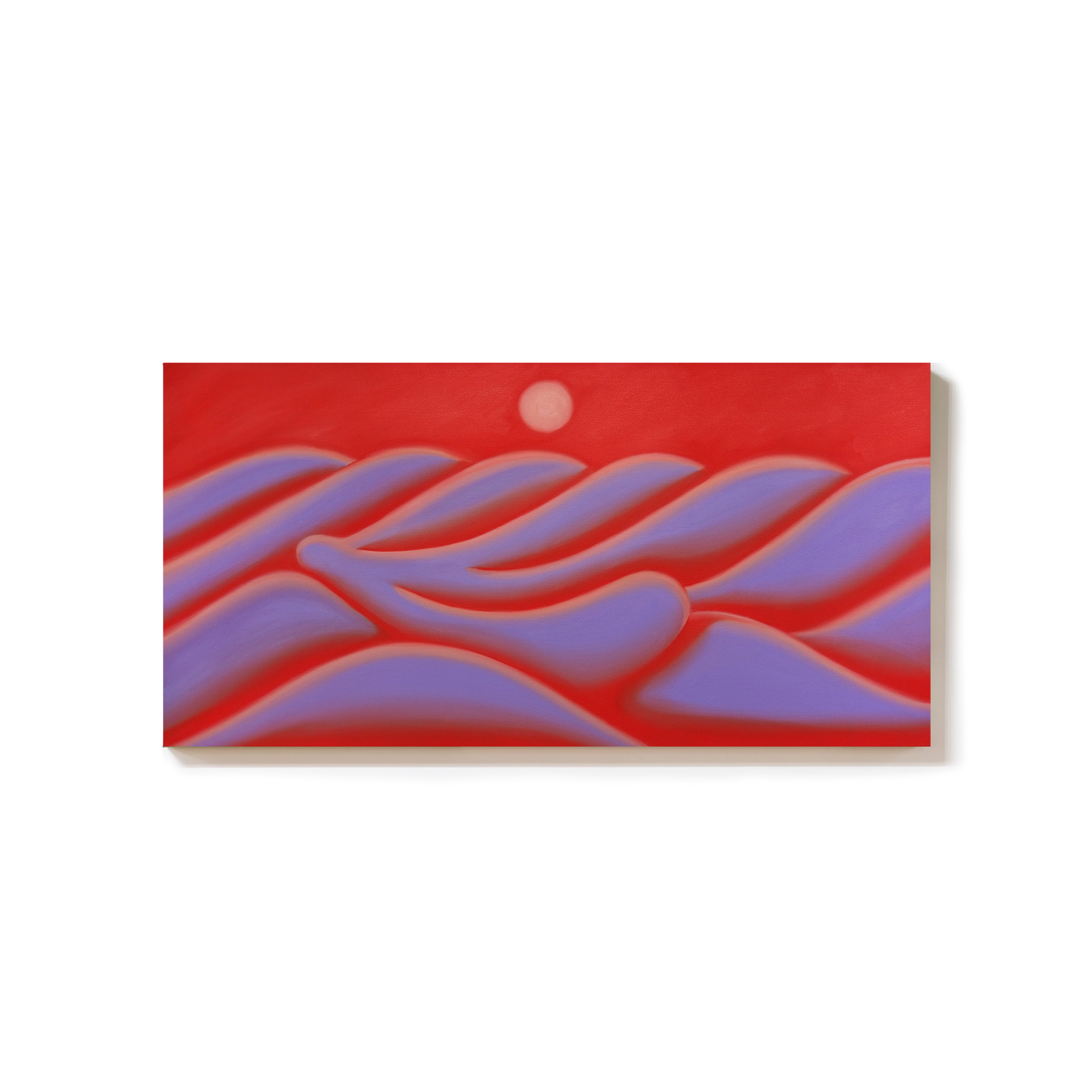 Abstract artwork with wavy purple patterns on a red background