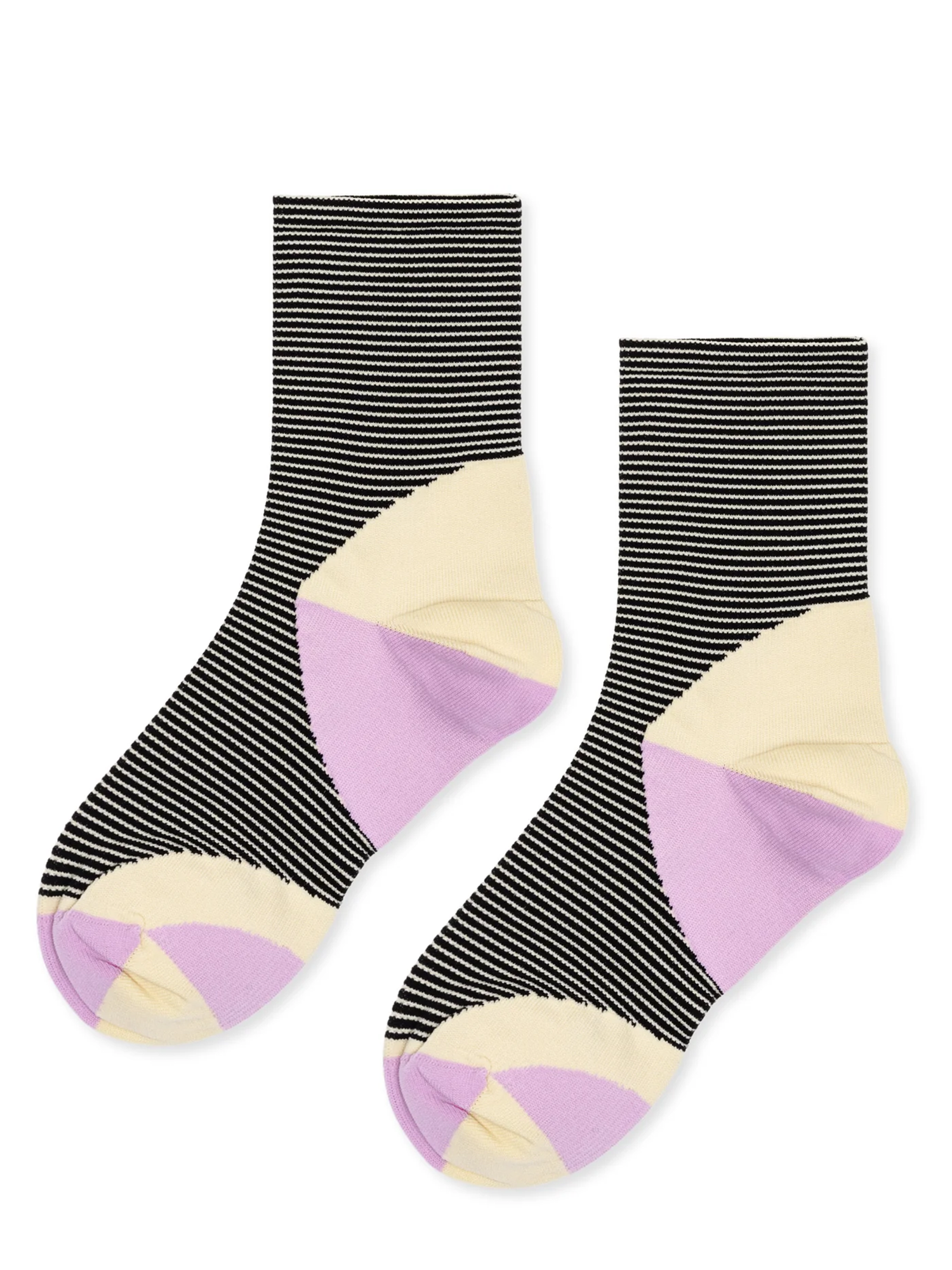 Pair of socks with black and white stripes and colorful accents on a white background
