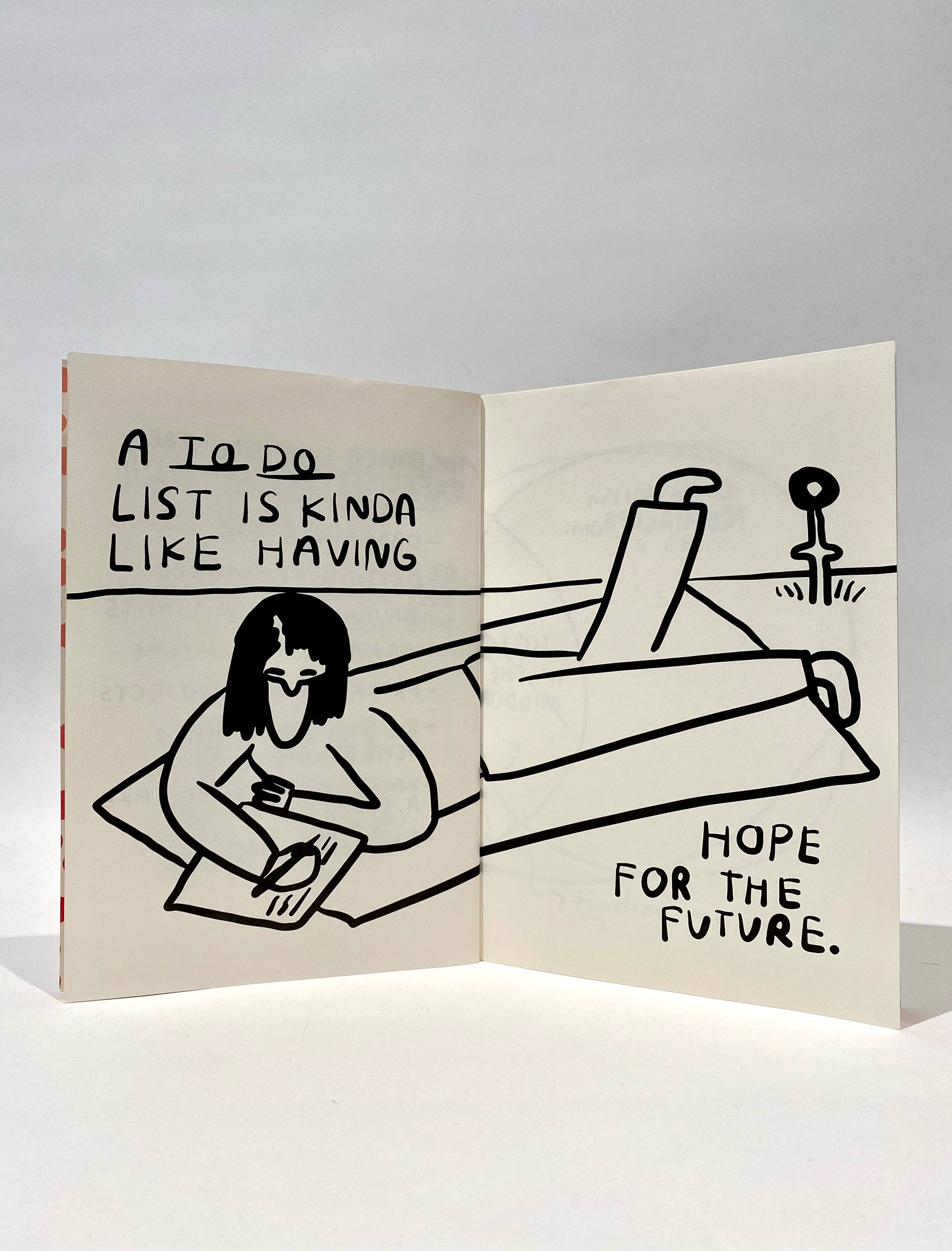 Open book with illustrations and text on a white background