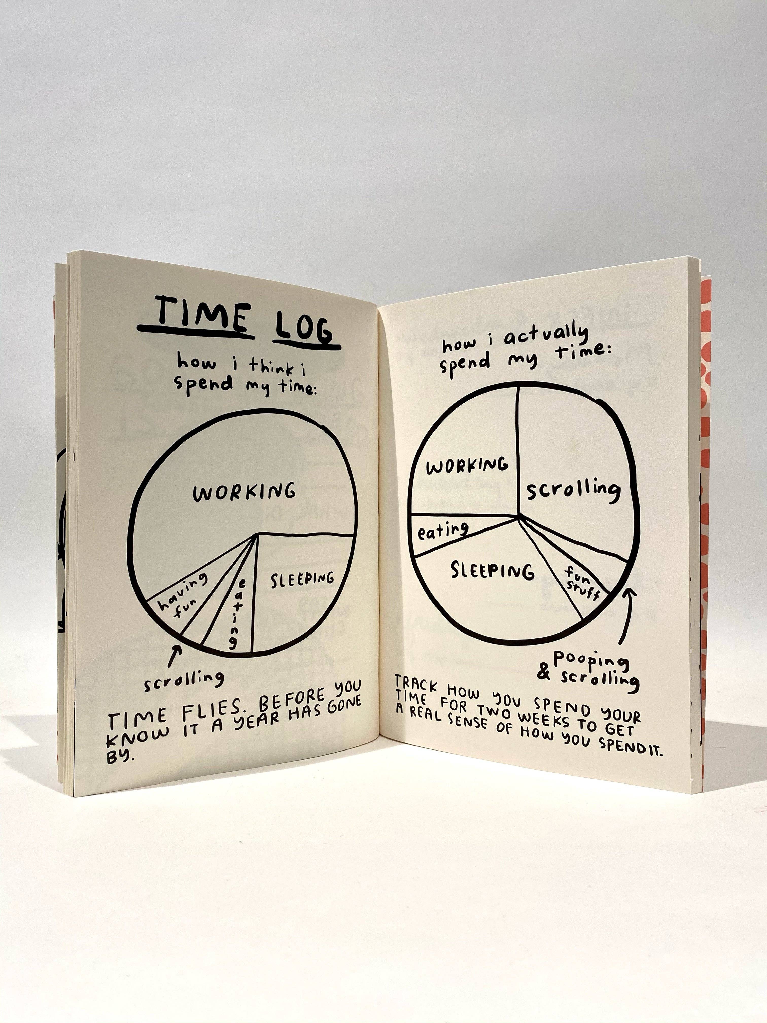 Open book showing a time log with pie charts labeled 'Working', 'Scrolling', 'Sleeping', and 'Other'.
