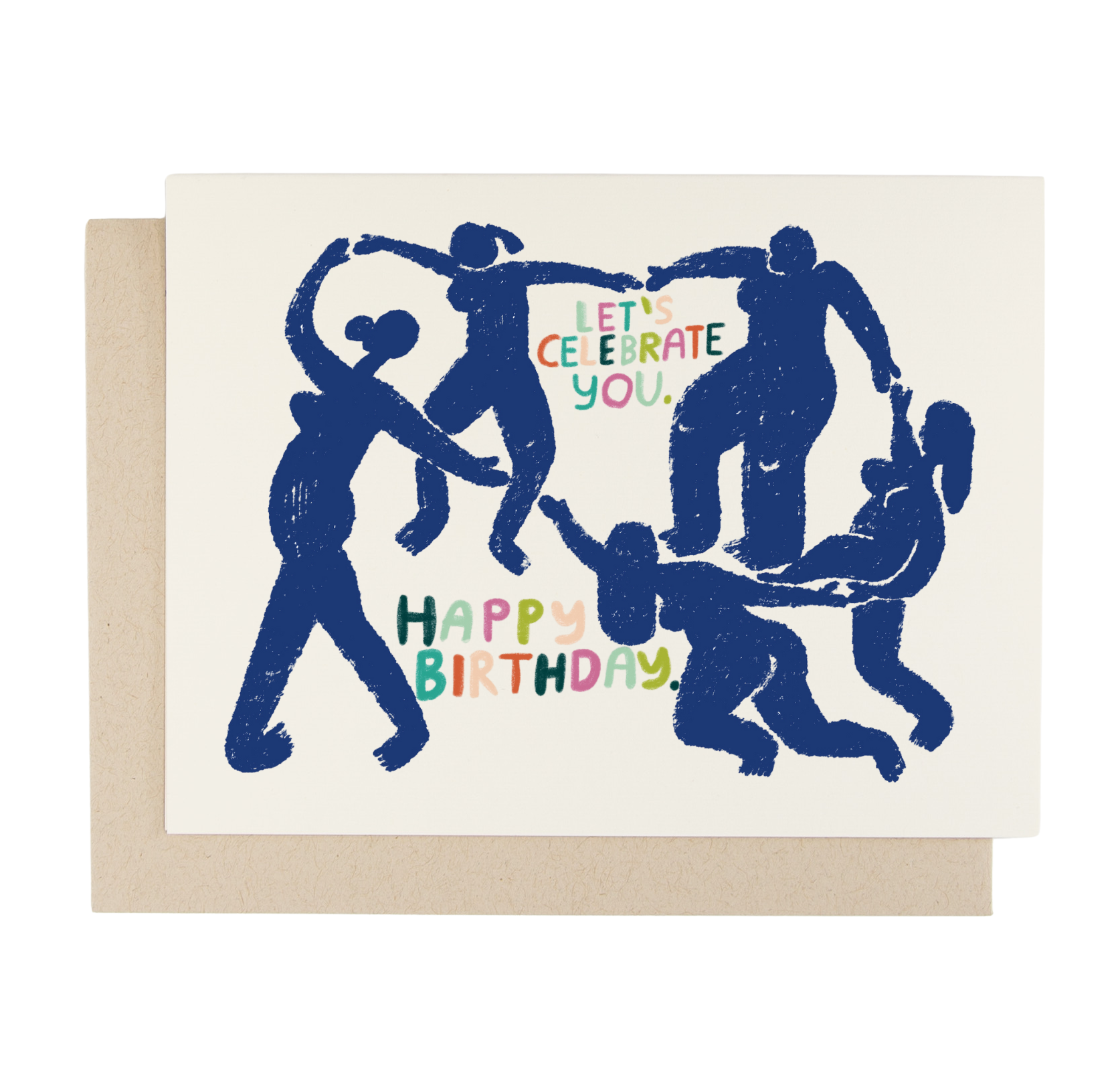 Greeting card with blue silhouette illustrations of people and colorful text on a white background