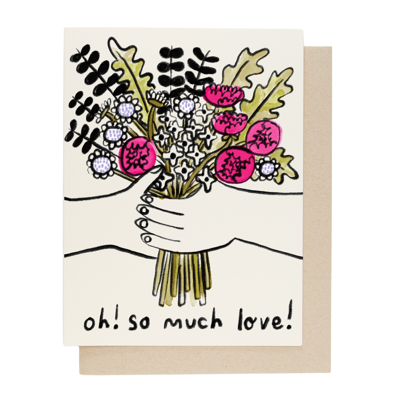 Card with illustration of hands holding flowers and text 'oh! so much love!' on a white background.