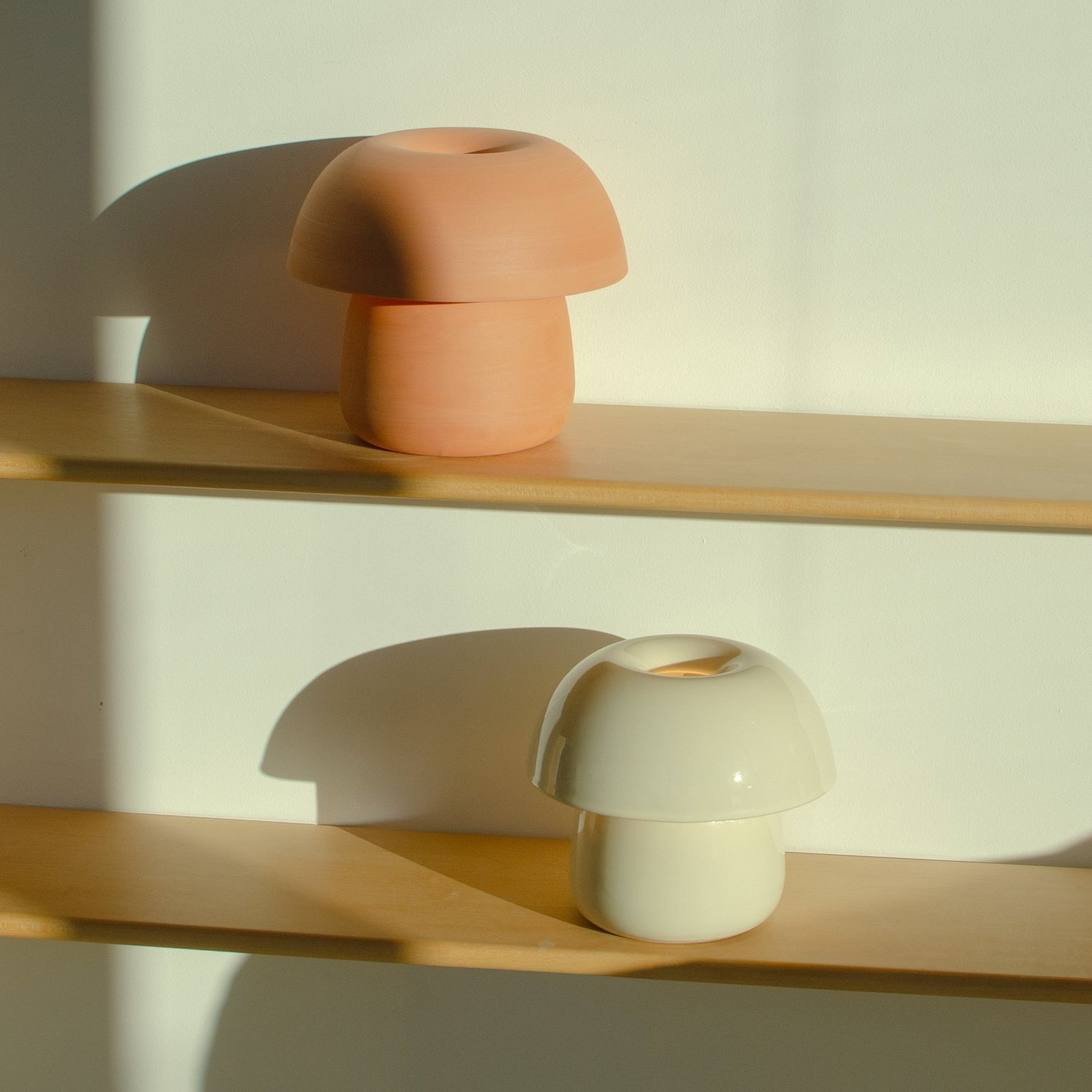 Two mushroom-shaped lamps on wooden shelves with a soft, warm light.
