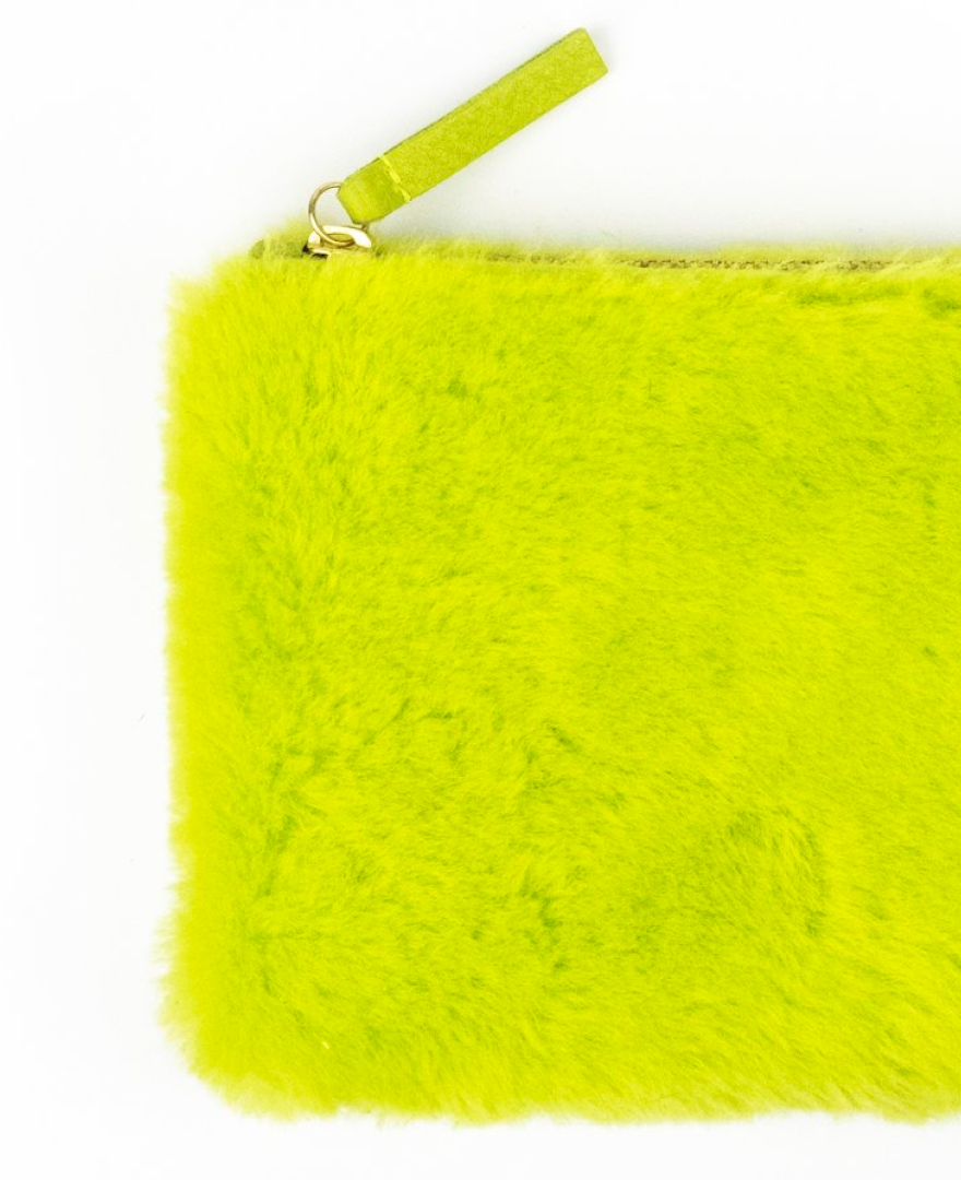 Lime Shearling Zipper Pouch