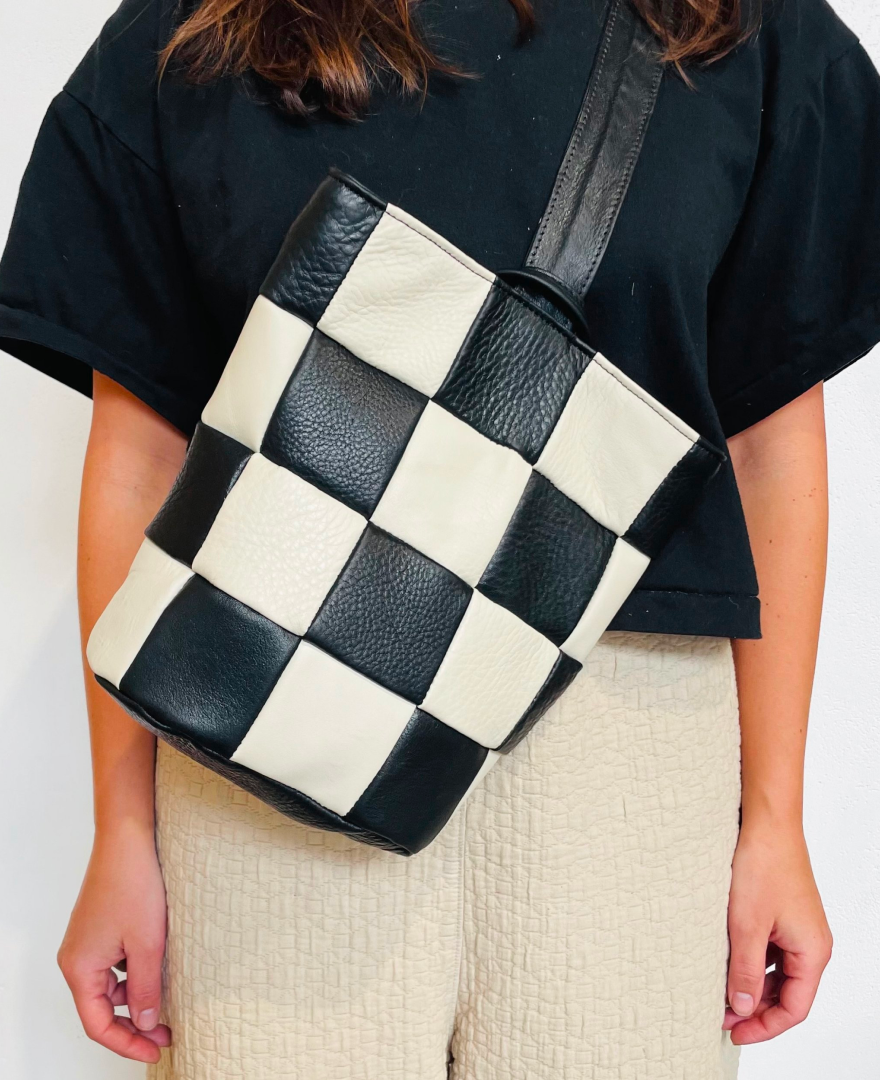 Black Checkered Leather Sling Bag